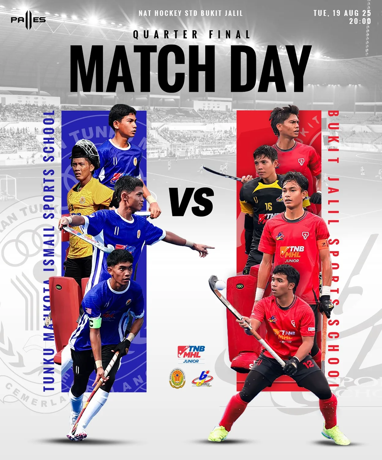 Quarter Final Match Day 🏑
Tunku Mahkota Ismail Sports School Juniors vs Bukit Jalil Sports School Thunderbolts
📍 National Hockey Stadium, Bukit Jalil
🗓 19 August 2025 | ⏰ 8:00 PM
Come and show your support 🙌✨
Your cheers make the difference! 💙❤️
#MJHL2025 #MatchDay #QuarterFinal #SupportYourTeam #palles