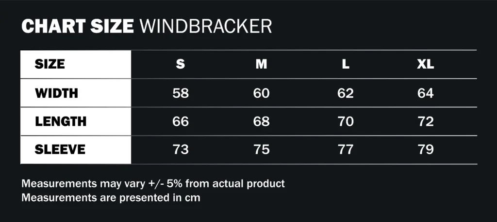 WINDBRACKER SIZE CHART